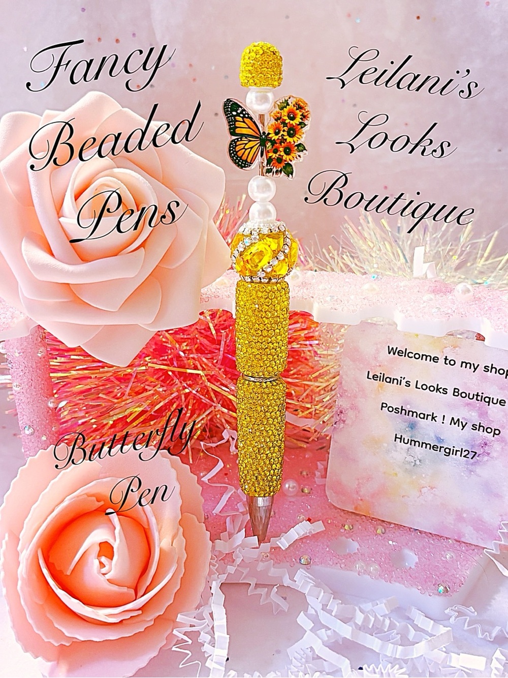 Yellow beaded pen with butterfly and flower design/Fancy beaded pen/gifts/